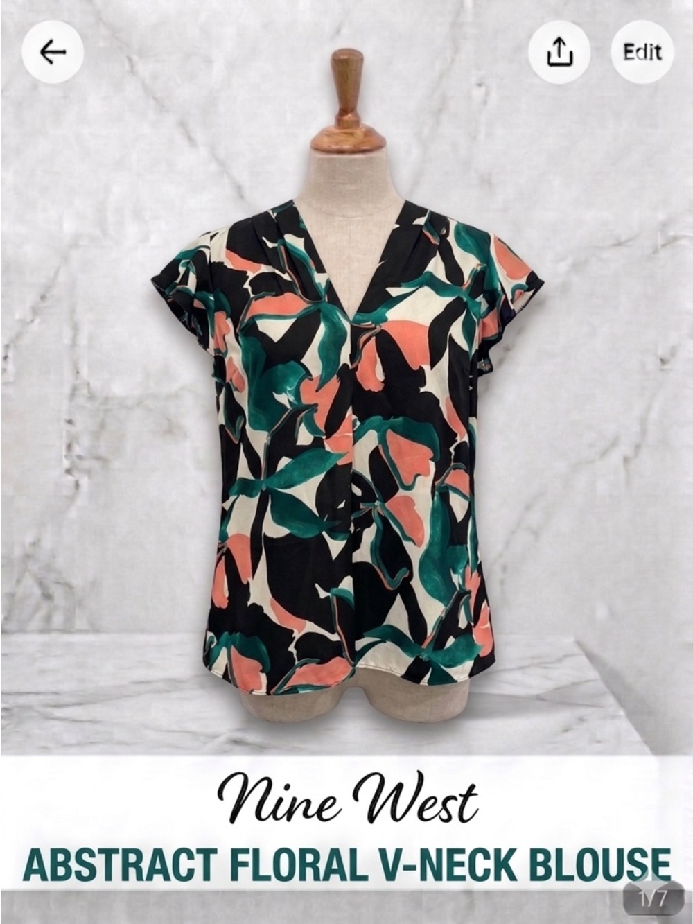 Nine West Black, Teal & Coral Abstract Floral Short-Sleeve Blouse NWT